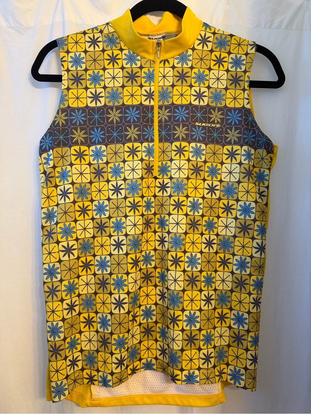 SUGOI Yellow Cycling Jersey with Blue and Brown Geo Floral Print